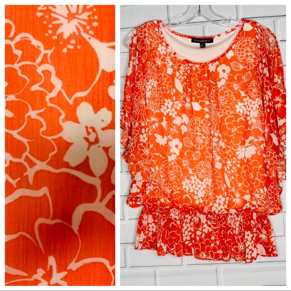 NWT Sara Michelle blouse coral tropical bat sleeve